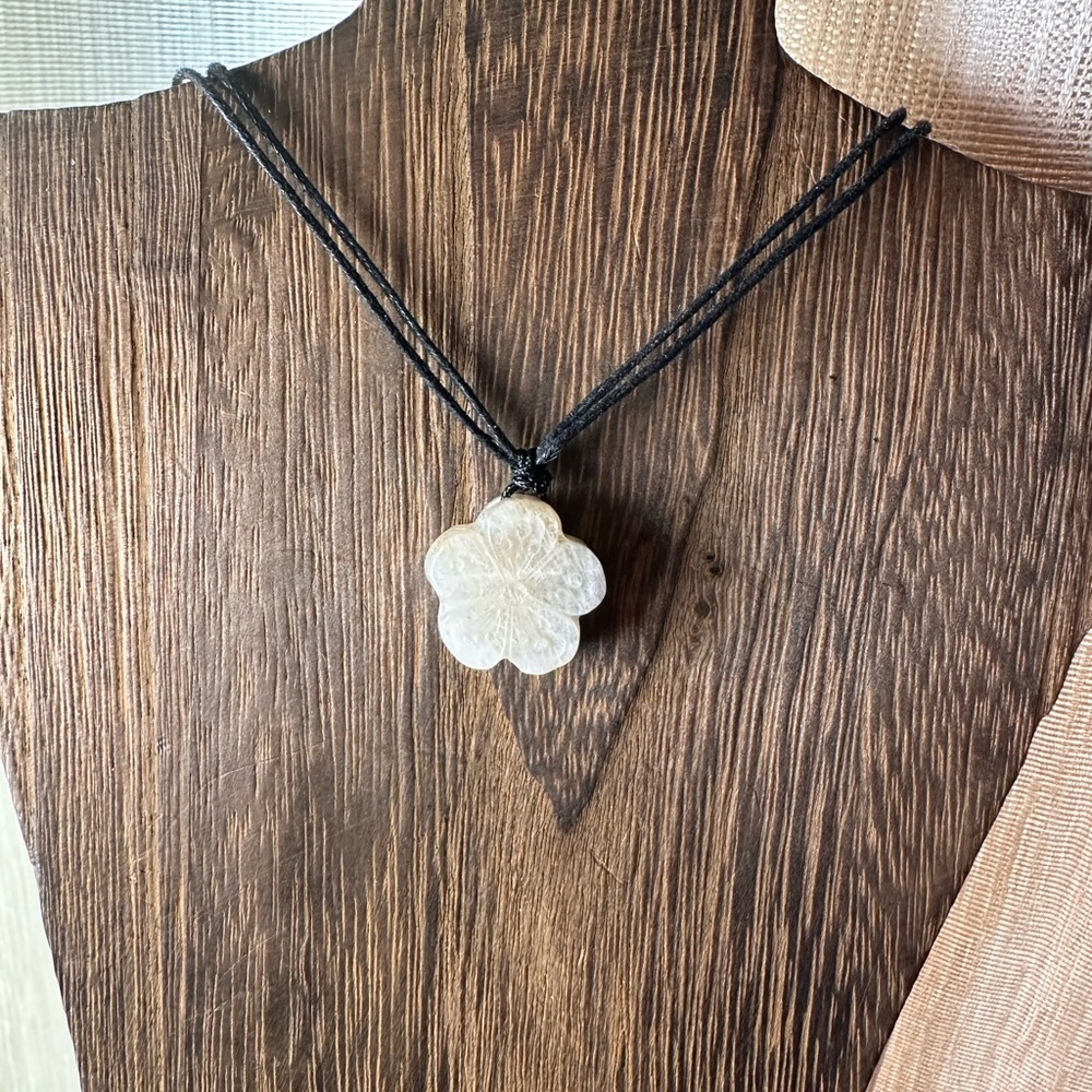 Small Moonstone Flower Pendant Necklace on Black Rope, Subtle Blue Flash - Picture 10 of 15